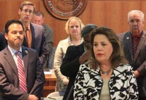 House Budget Chair, Representative Patricia Lundstrom, D - Gallup, at press conference on revenue. 04.05.2017.