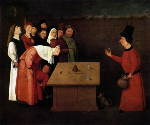 Vintage Shell Game. The Conjurer, by Hieronymus Bosch. Circa 1450-1516. {{PD-US}}. 1024px-Conjurer_Bosch. 04.02.2017.